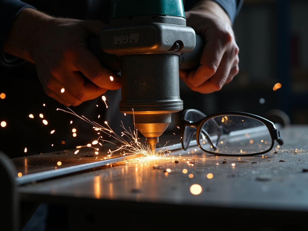 A rotary tool with a cutting wheel slicing metal, sparks lighting up the scene.