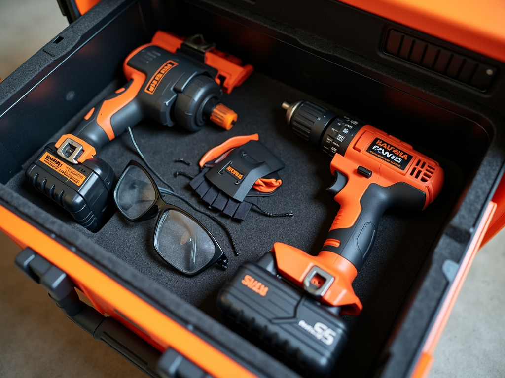 Proper storage of a power drill with safety equipment.