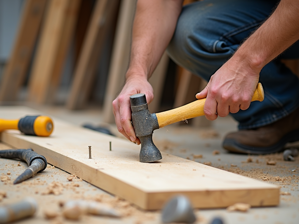 Construction worker hammering a nail into wood