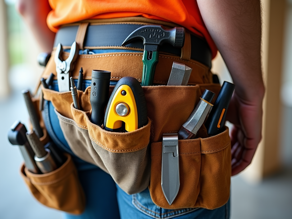 Close-up of a tool belt with construction tools