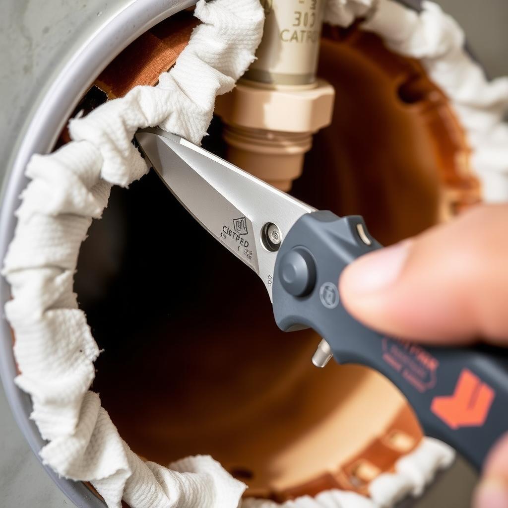 A utility knife cutting through pipe insulation during a home repair.