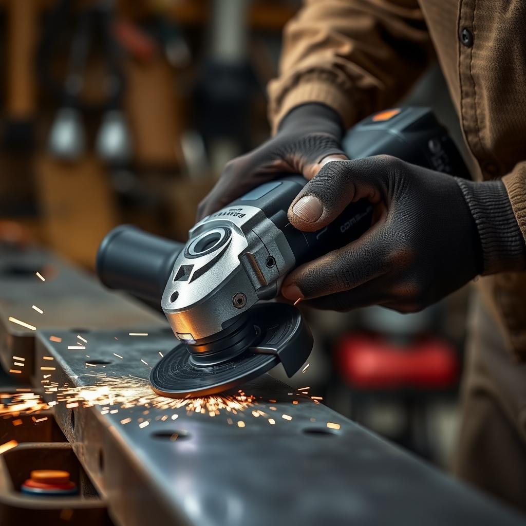 Craftsman using a cordless angle grinder to smooth metal, with sparks and an LED light highlighting the workpiece.