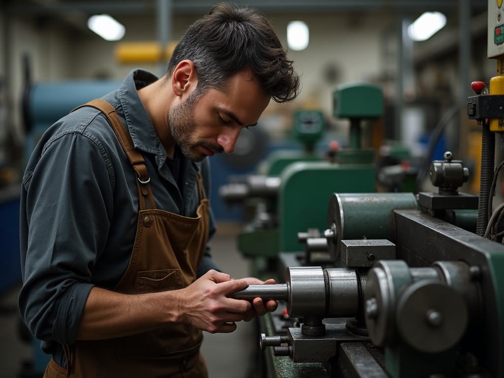A metalworker using a lathe to shape a metal cylinder.