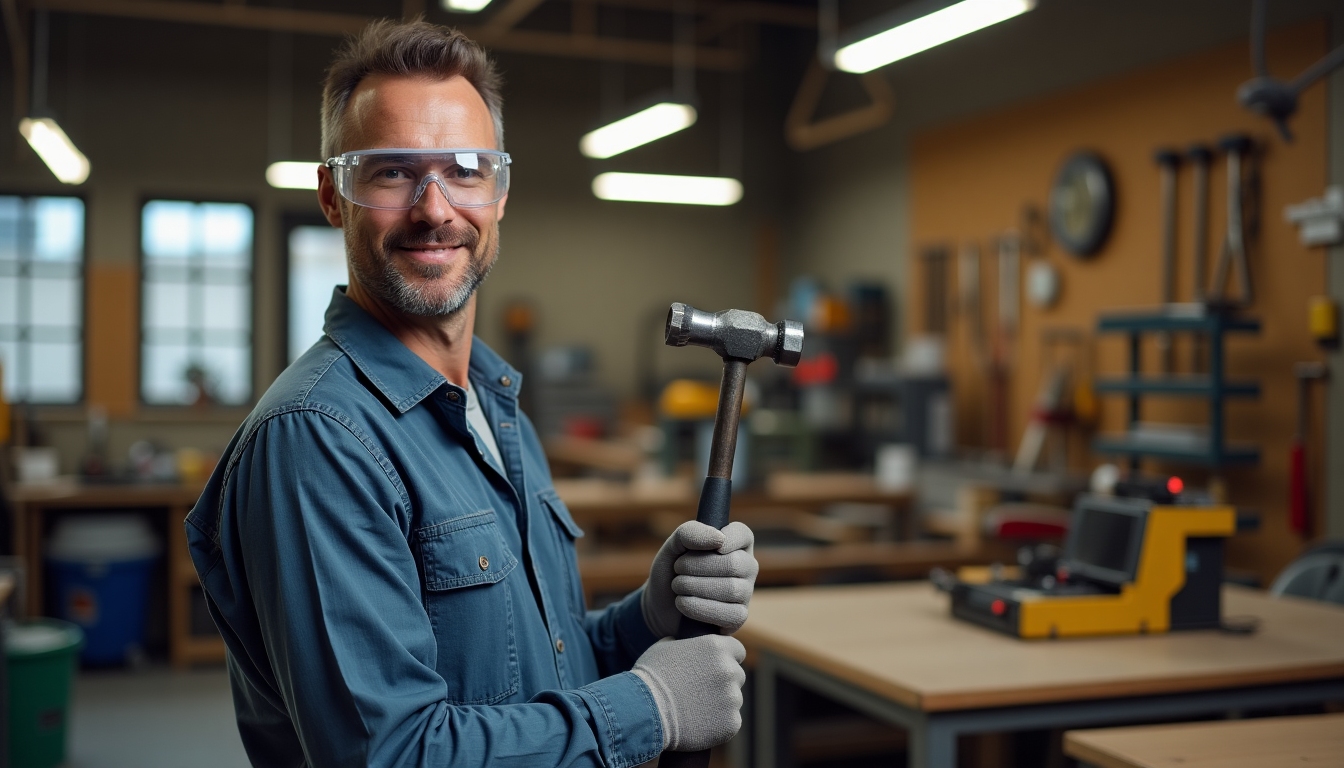 Workman wearing safety goggles and gloves while holding a hammer