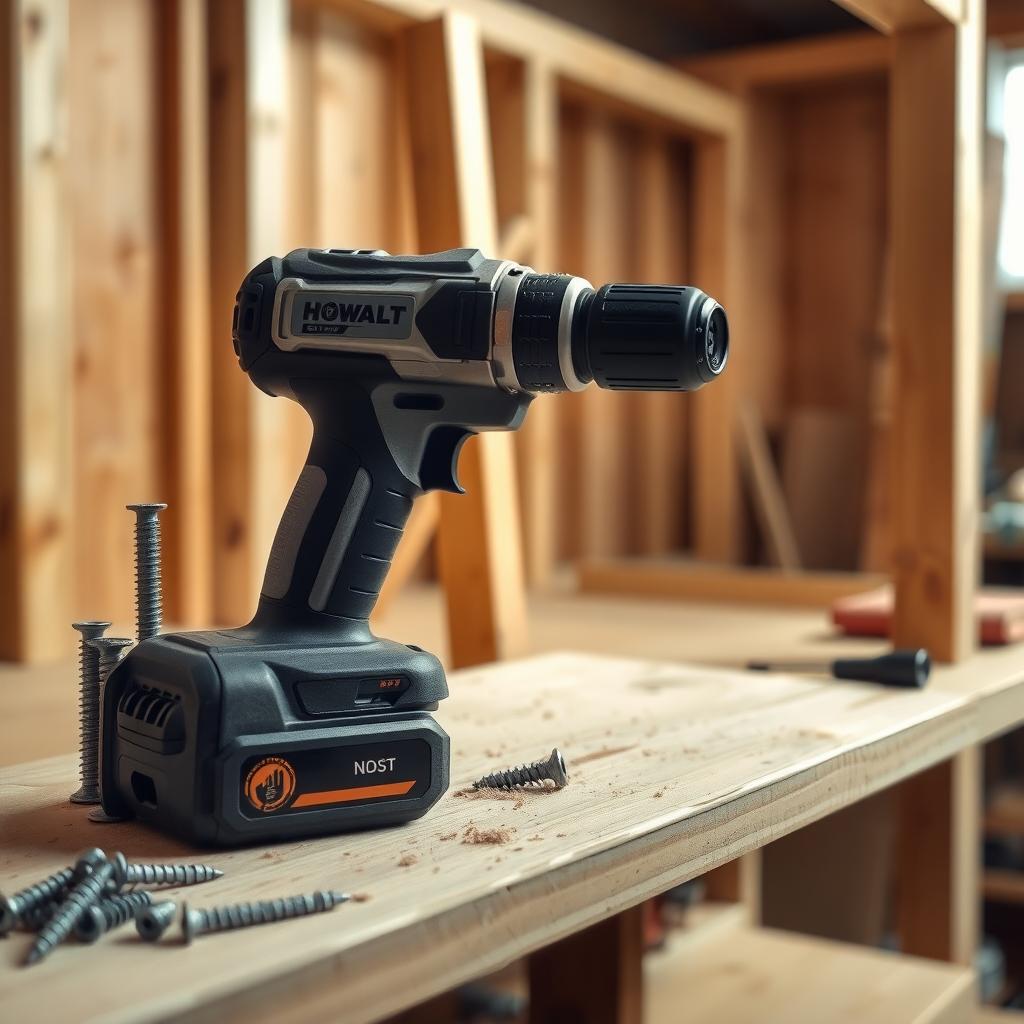 A cordless drill on a wooden shelf with screws and sawdust, next to a wooden frame in a workshop.