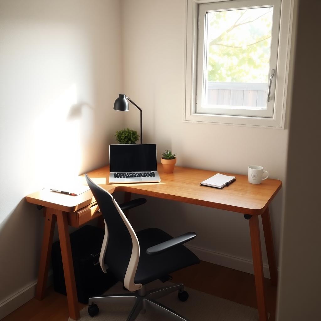A tidy home office corner with a wooden desk, ergonomic chair, laptop, and potted plant in natural light.
