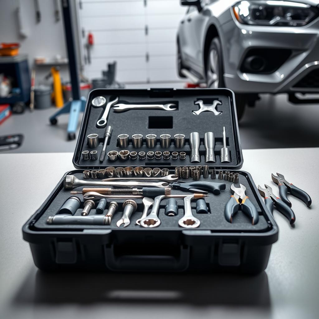 Organized automotive tool set on a workbench in a garage
