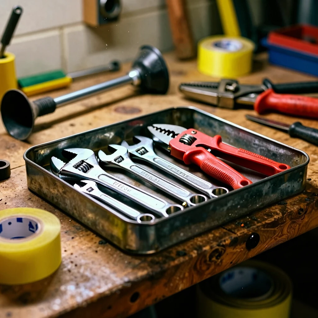 Assorted workman tools for plumbing projects arranged on a workshop bench