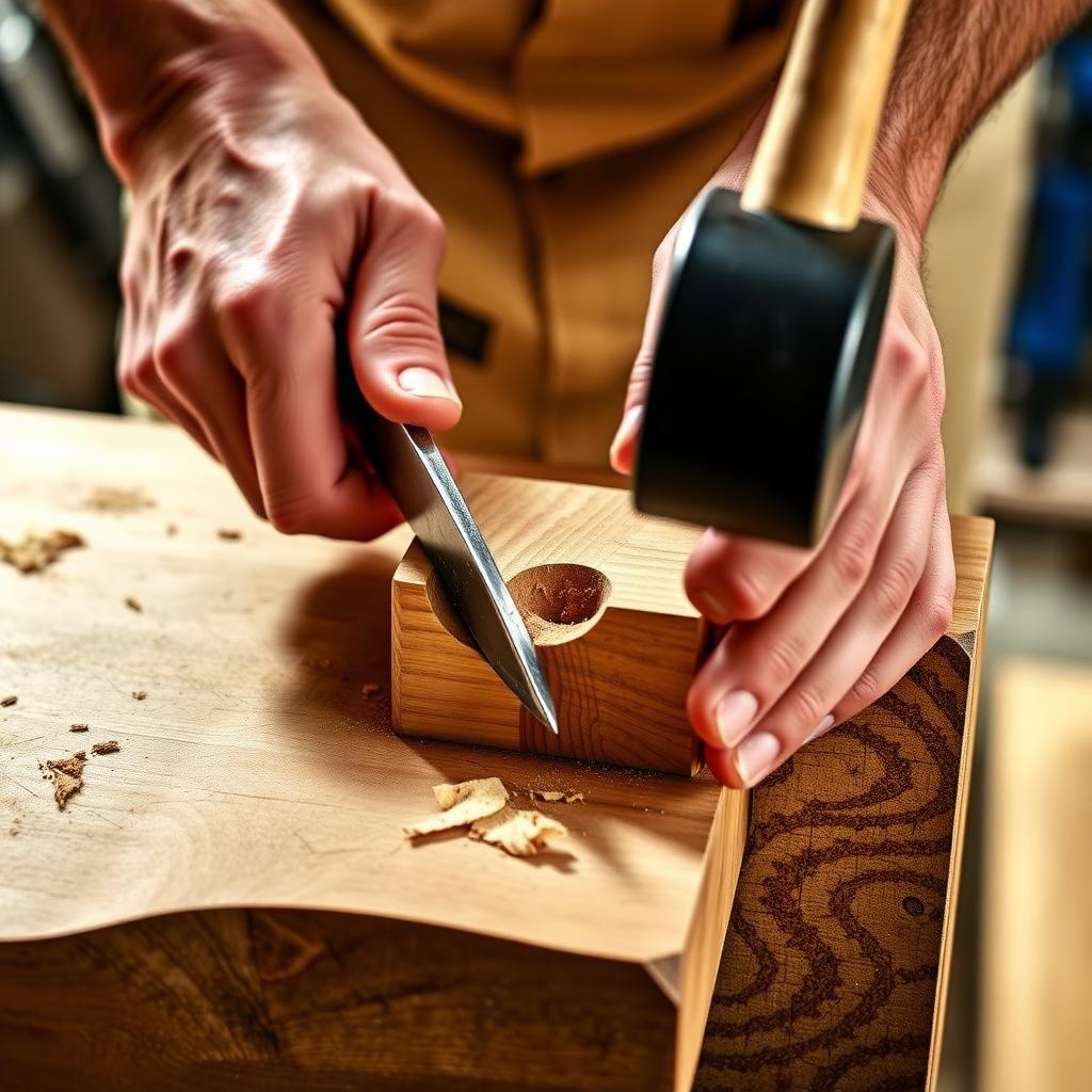 Woodworker using a mortise chisel to carve a mortise in oak.