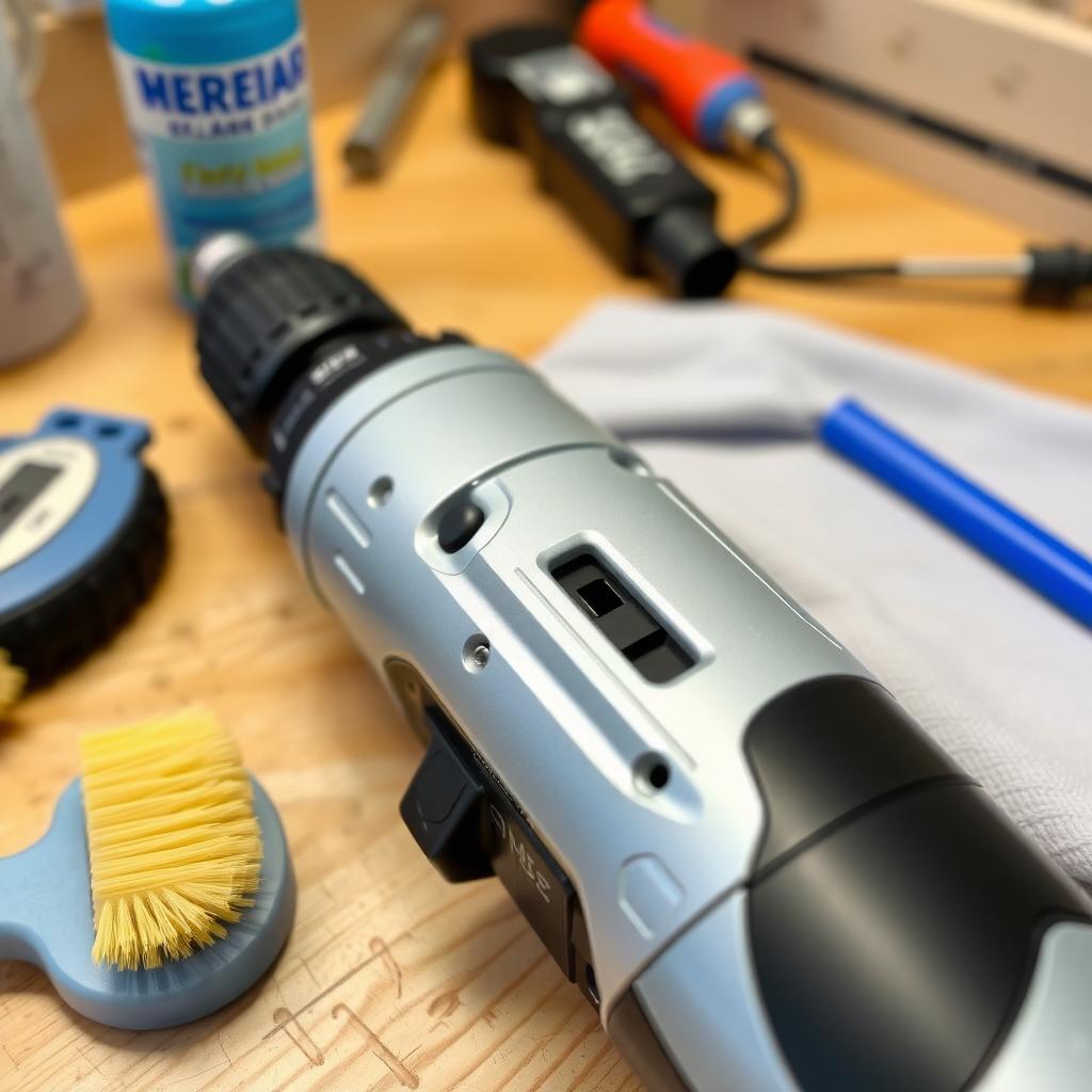 A cordless power drill on a workbench with cleaning supplies, showcasing tool maintenance.