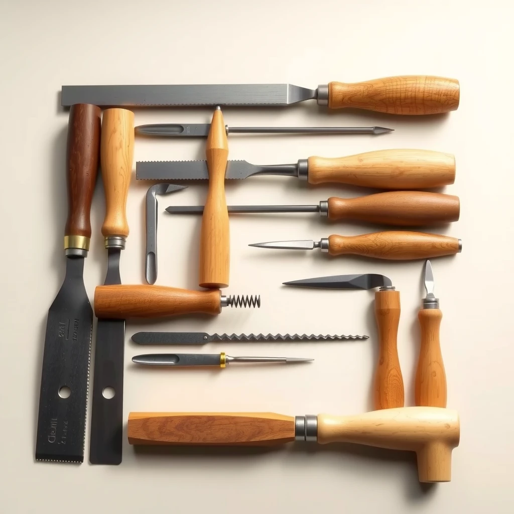 Various types of woodworking chisels laid out for comparison
