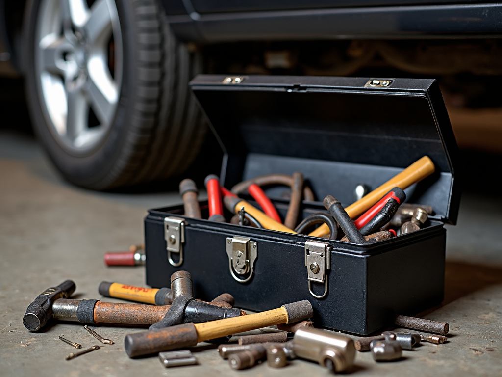Open toolbox with a variety of mechanic’s hand tools.