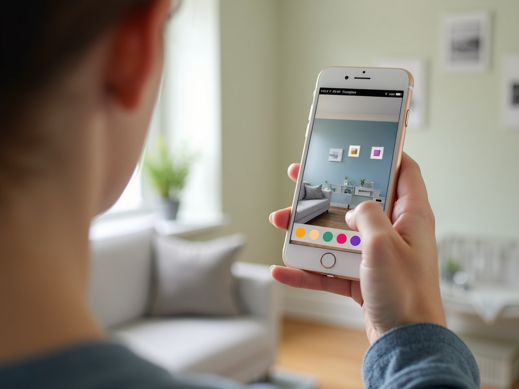 A person using a smartphone app to preview different paint colors on a wall.