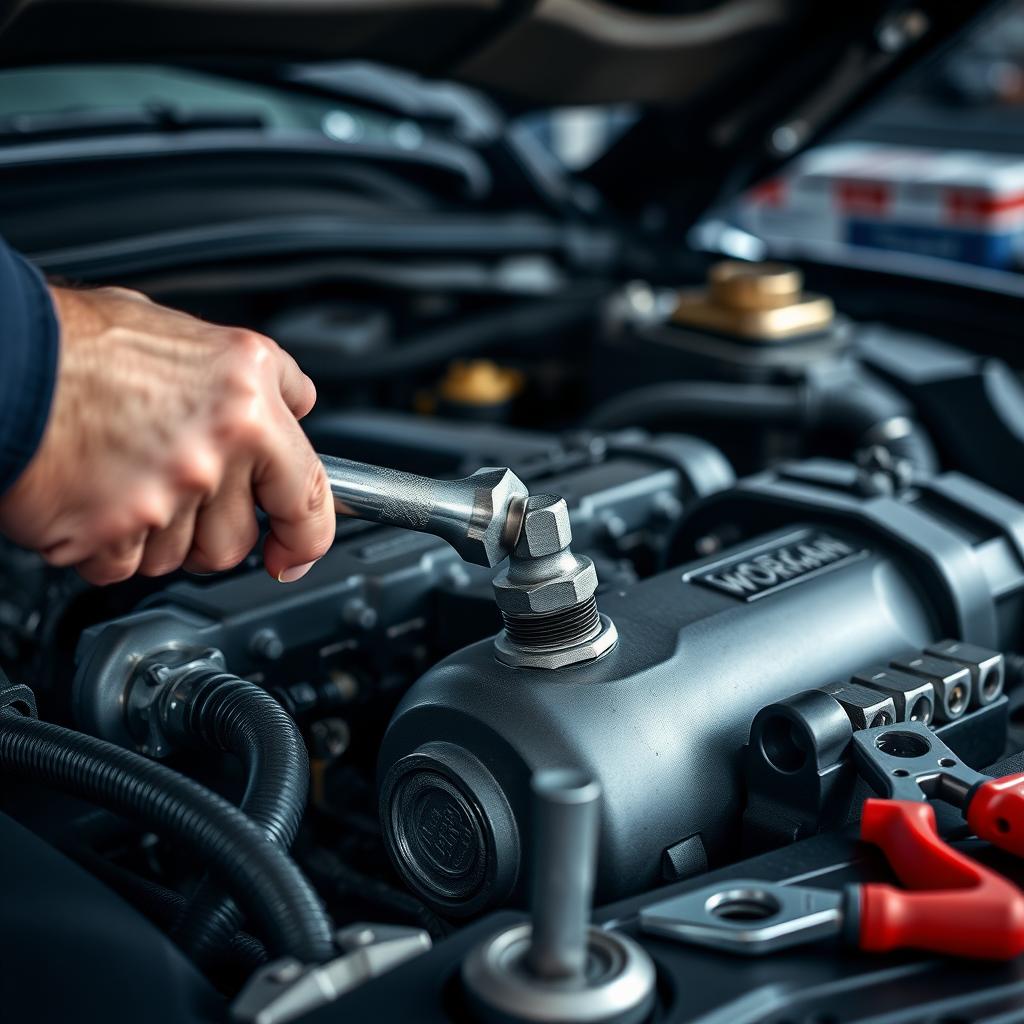 Mechanic using a workman torque wrench on a car engine