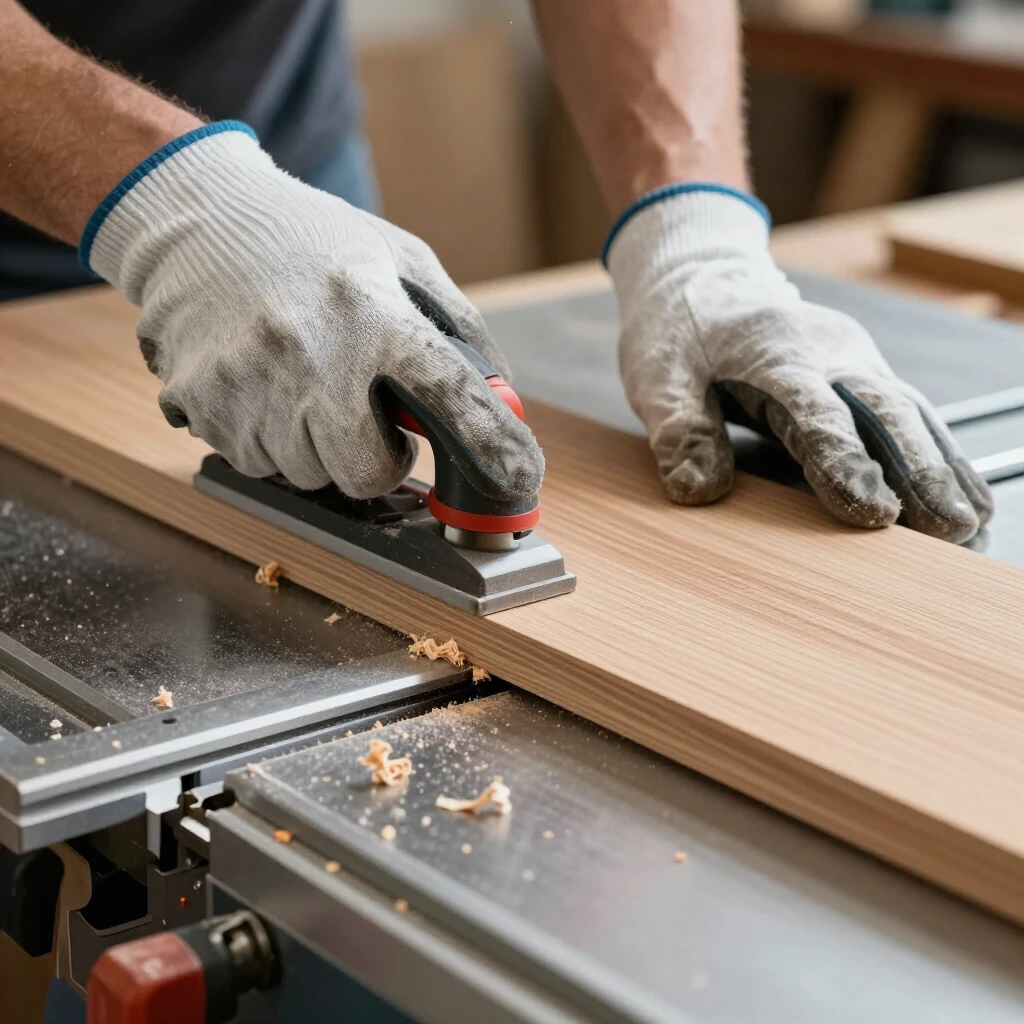 Hands guiding wood with push stick on table saw