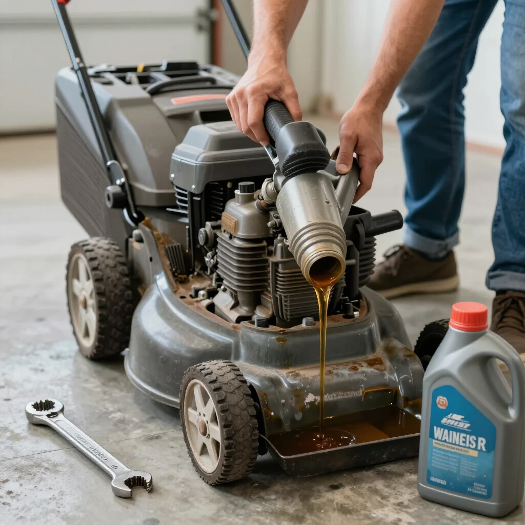 Person changing the oil in a lawn mower in a garage setting
