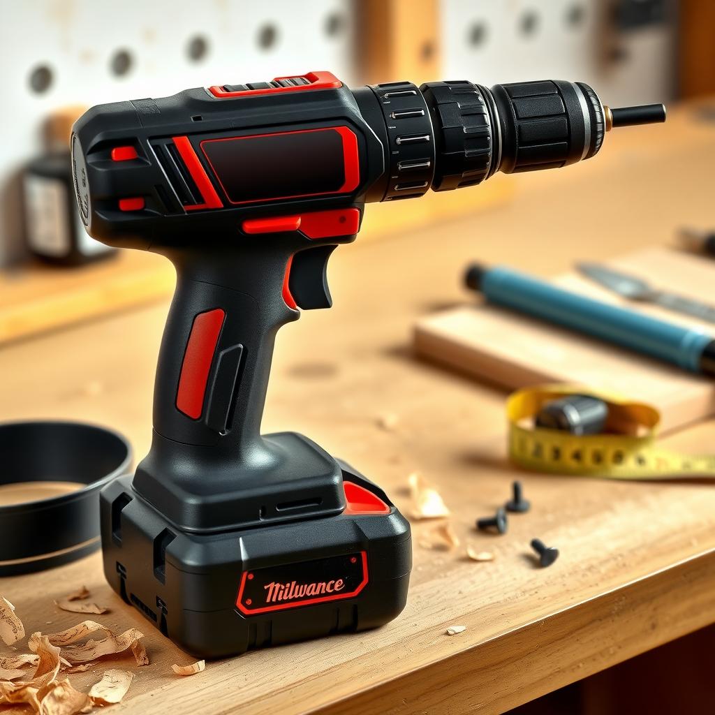 Cordless power drill on a wooden workbench with screws and measuring tape