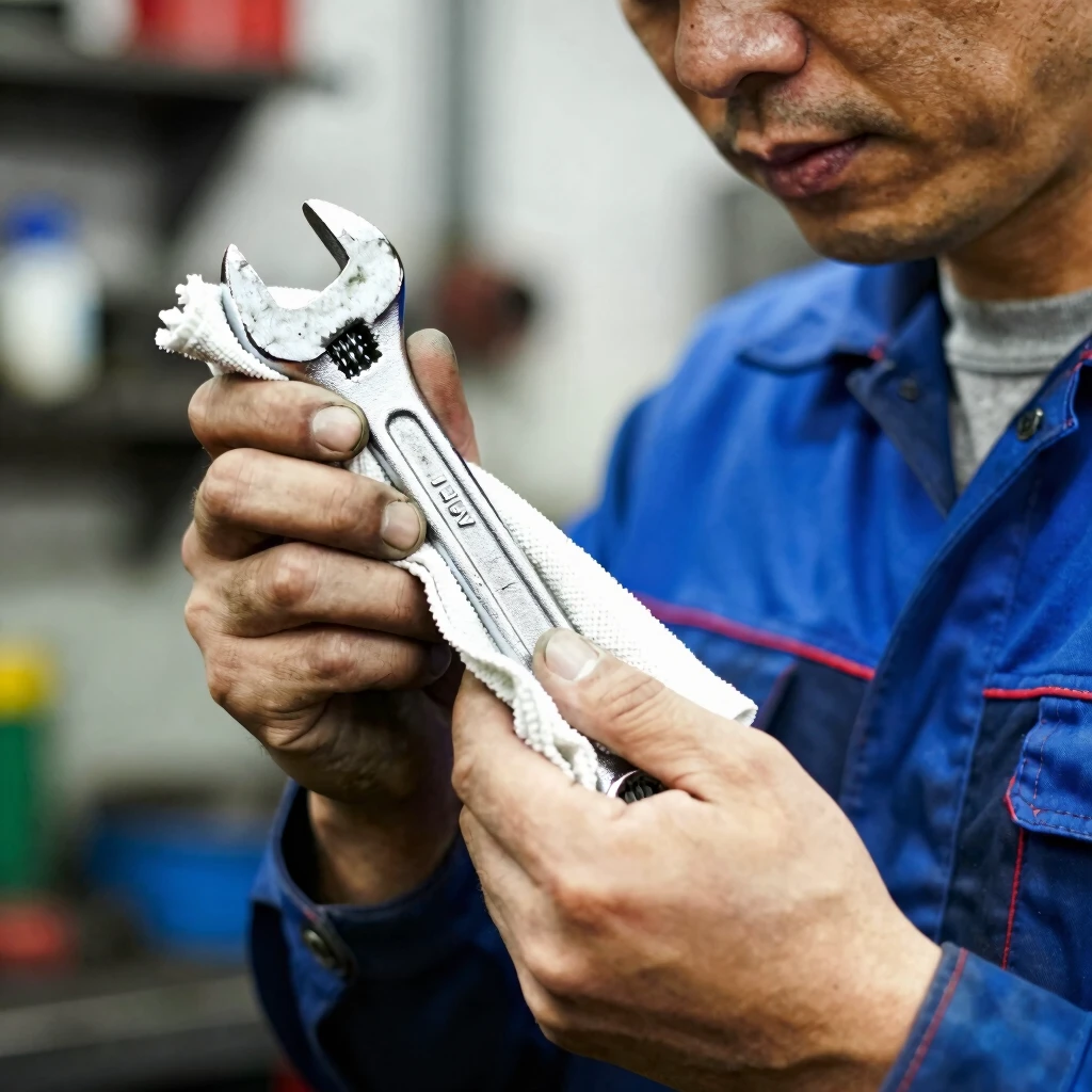 Worker cleaning and inspecting a wrench for damage in a workshop