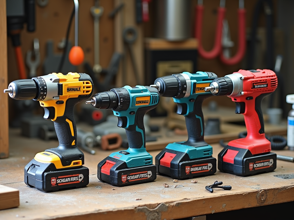 Various types of power drills on a workbench