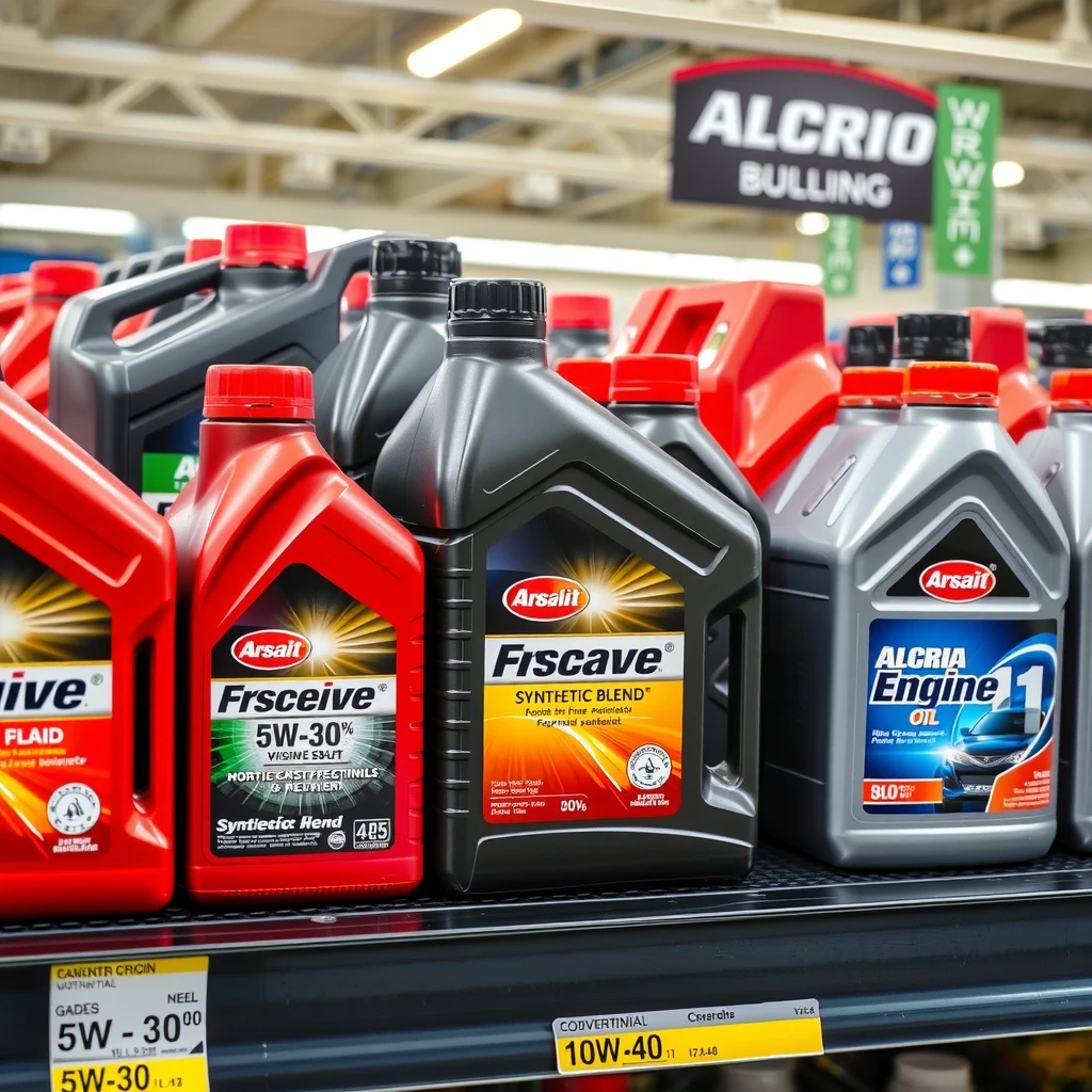 Various engine oil bottles on a shelf displaying different viscosity grades and types