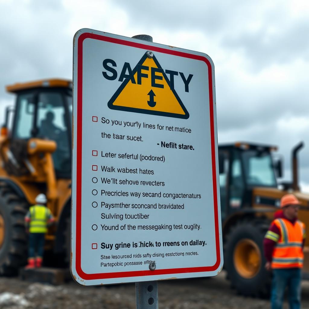 Construction site safety sign listing key rules near heavy machinery with workers in the background.