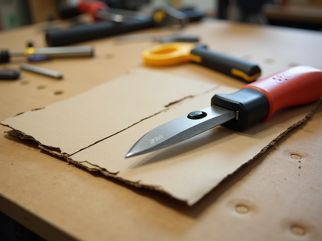 A sharp utility knife after making a precise cut in cardboard.