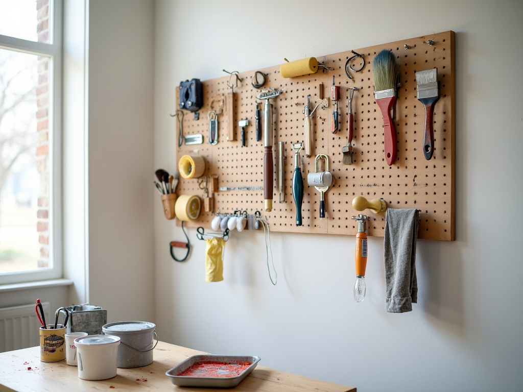 A painter's workspace featuring a pegboard with neatly organized painting tools like brushes, rollers, and tape.