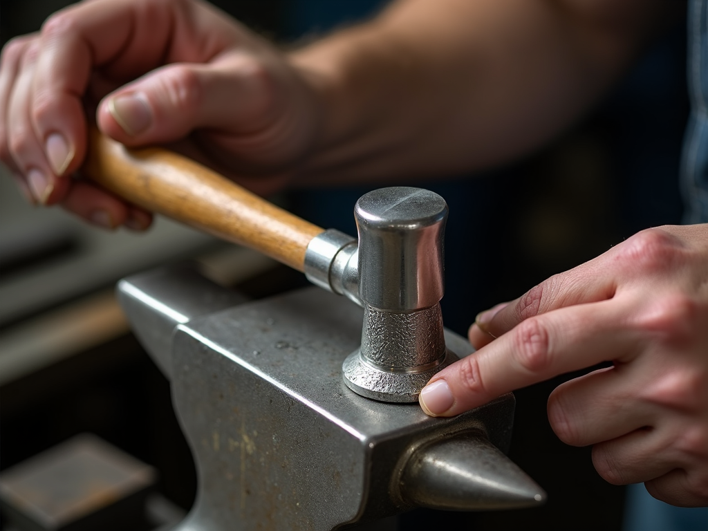Craftsman using a chasing hammer on silver jewelry