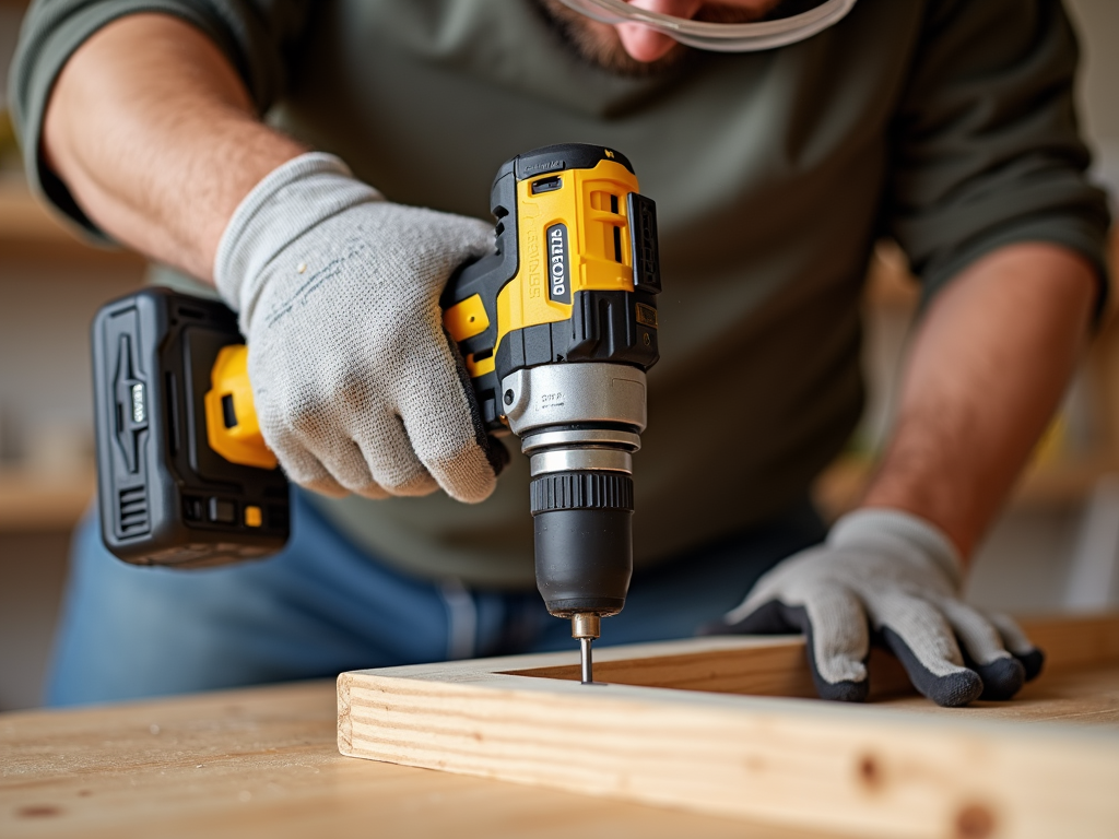 A person safely using a cordless drill while wearing goggles and gloves.