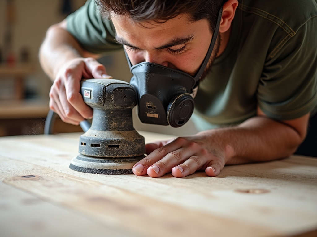 Dust mask protecting against wood dust while sanding.