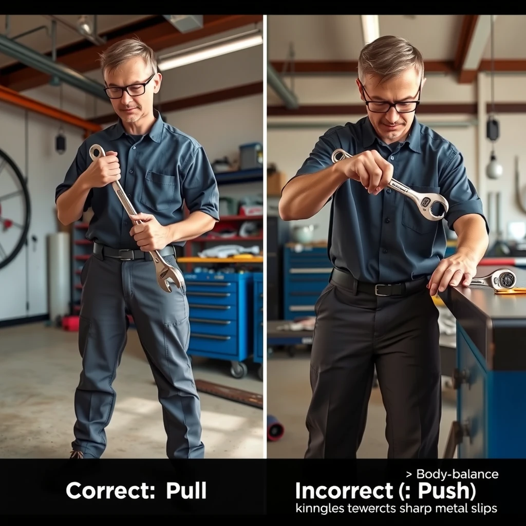 Correct pulling technique versus dangerous pushing when using a wrench