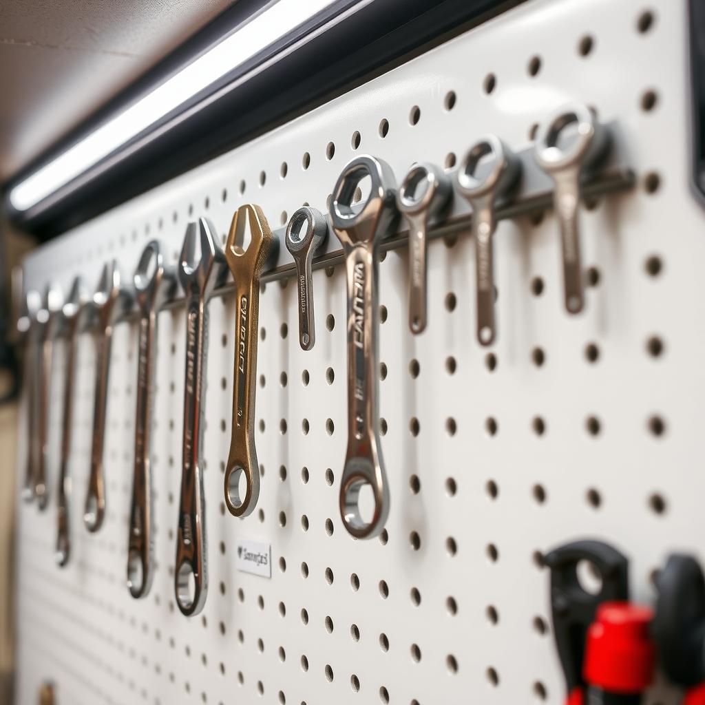 Close-up of a pegboard with neatly arranged wrenches in a tool shed.