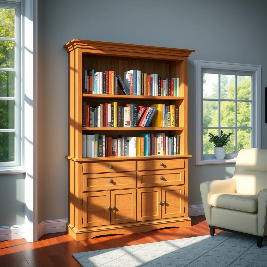 Finished oak bookcase in a modern living room