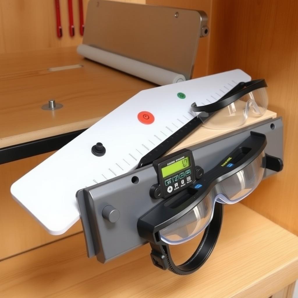 Organized workshop shelf with table saw accessories and safety gear