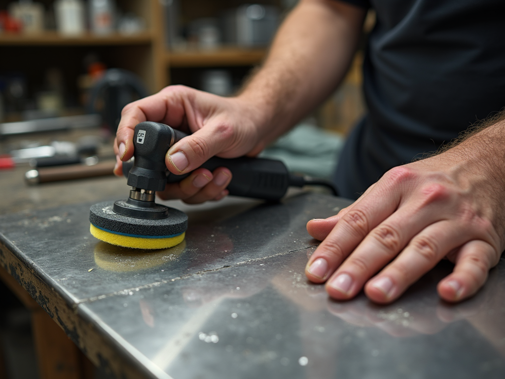 Hands polishing metal with a rotary tool and pad, creating a gleaming finish.