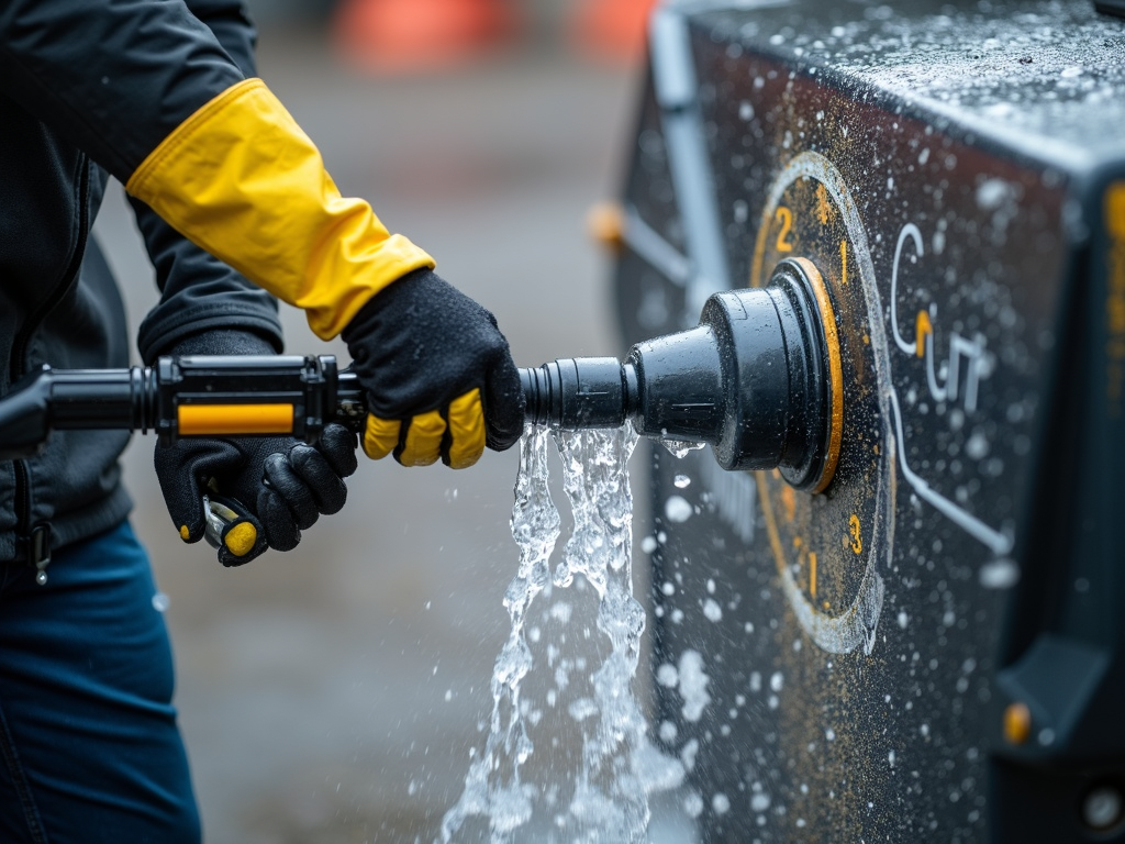 Cleaning a power washer after use.