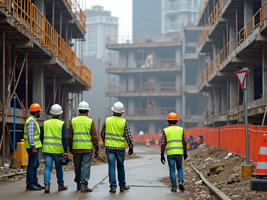 Active construction site with workers following OSHA safety rules.