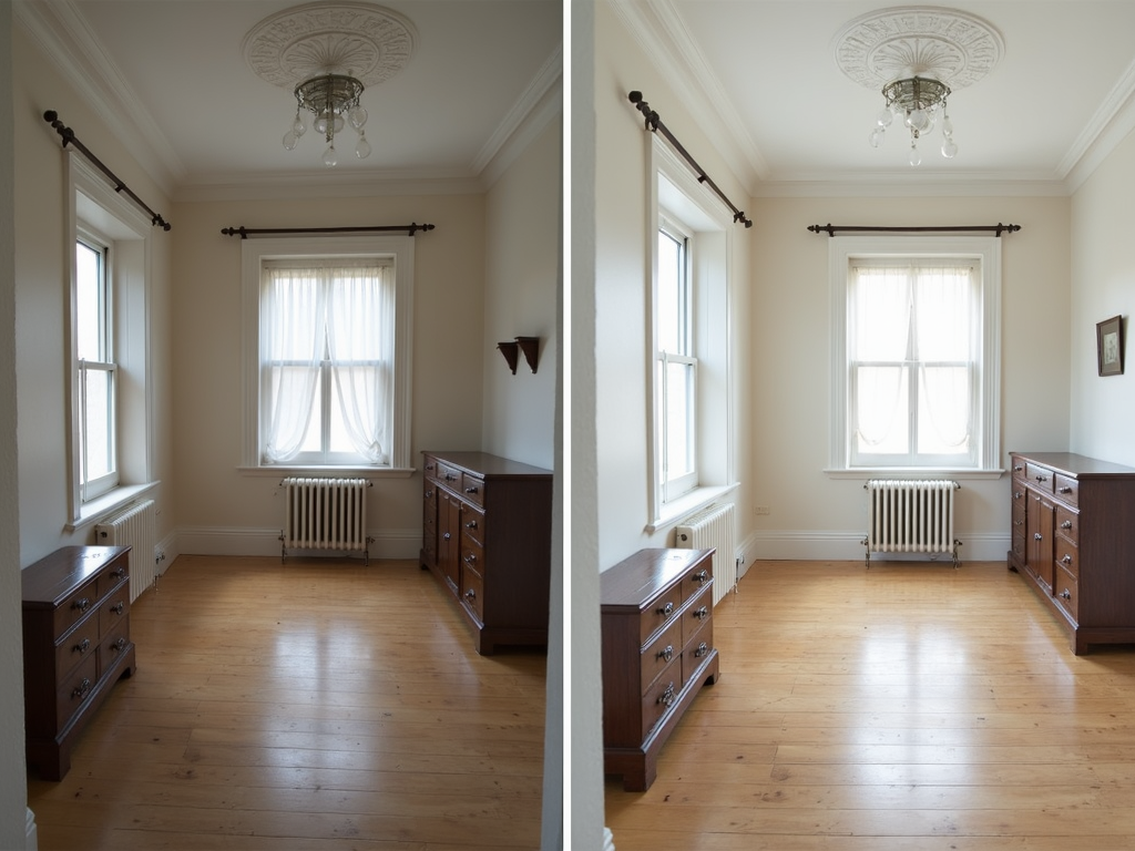 Before and after: digital paint filter applied to a room photo.