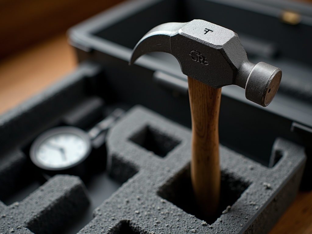 Hammer and caliper neatly stored in a toolbox.