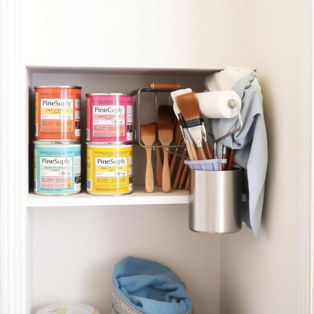 A home paint supply corner with neatly arranged tools, including paint cans, a roller frame, brushes, and a folded drop cloth on a shelf, lit brightly to inspire beginners.
