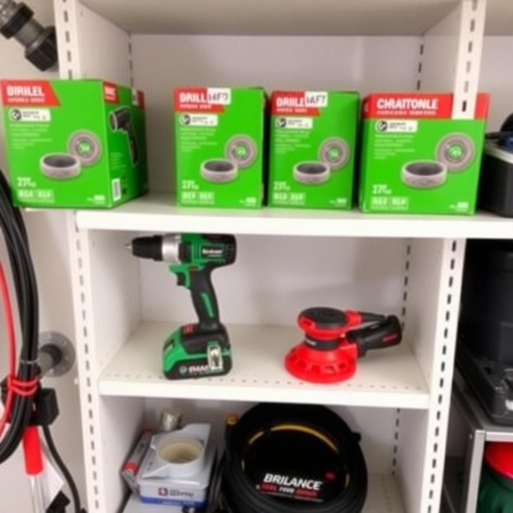 Organized tool shelf with a cordless drill, power washer, and sander in a garage.