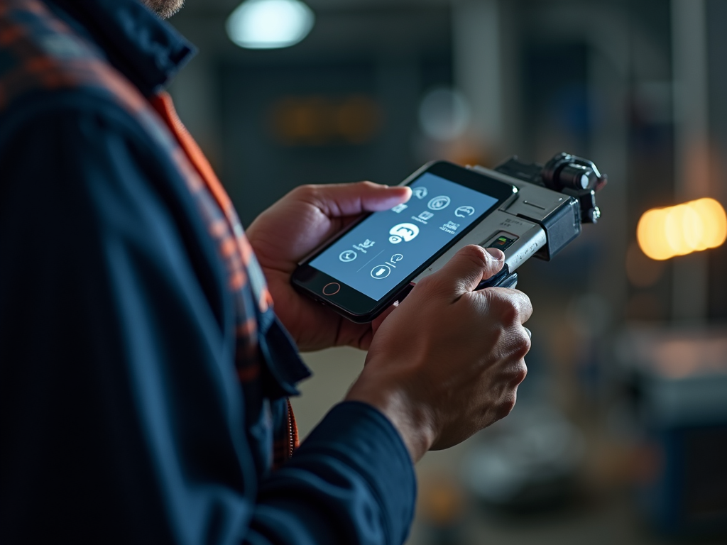 Worker using an IoT-enabled smart tool in a workshop