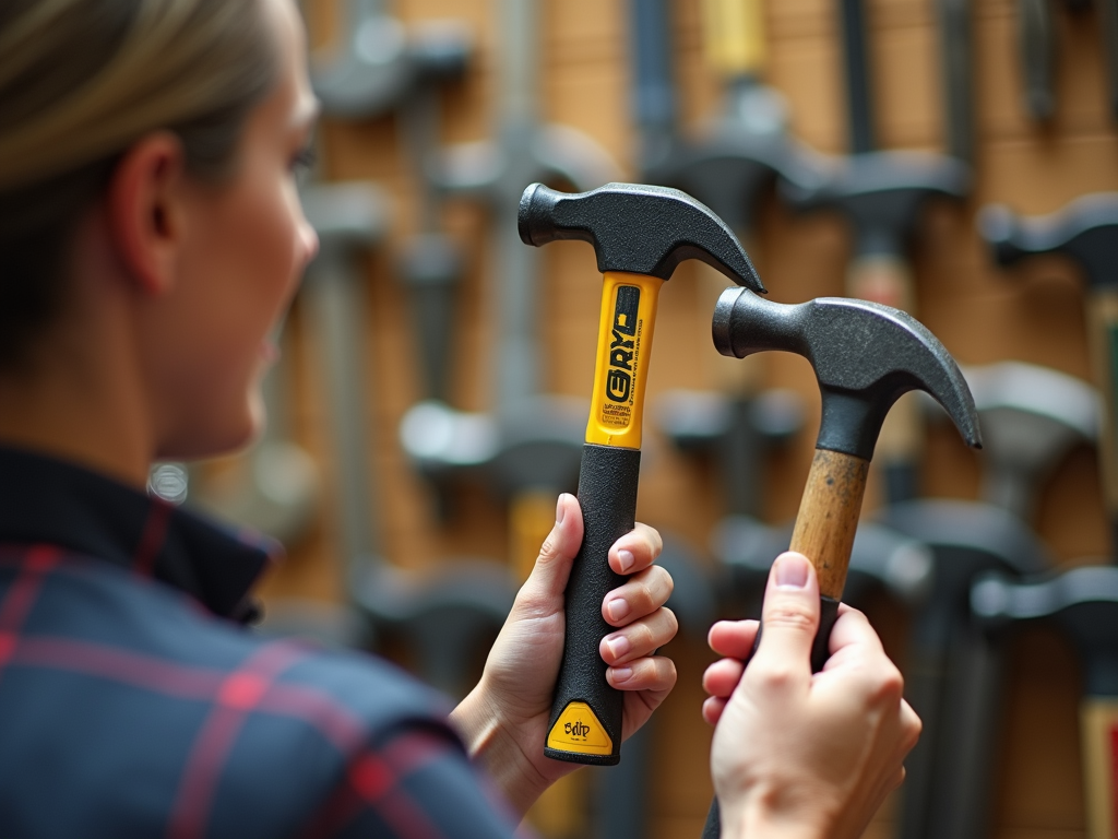 Person selecting a hammer in a tool store