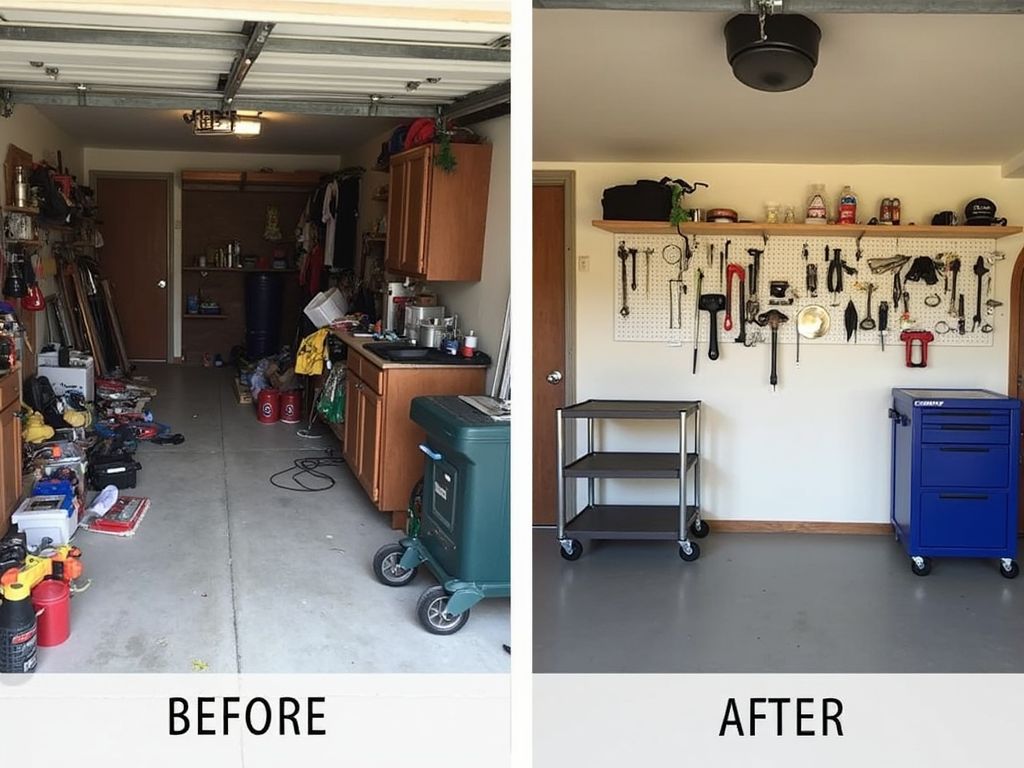 Before-and-after of a garage turned organized workspace