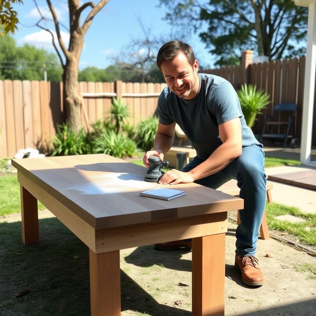 A beginner sanding a DIY coffee table in a backyard