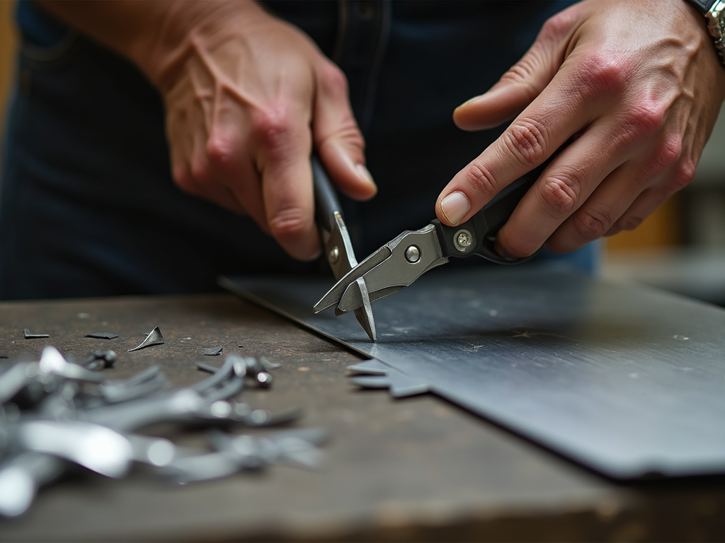 Craftsman cutting metal with snips
