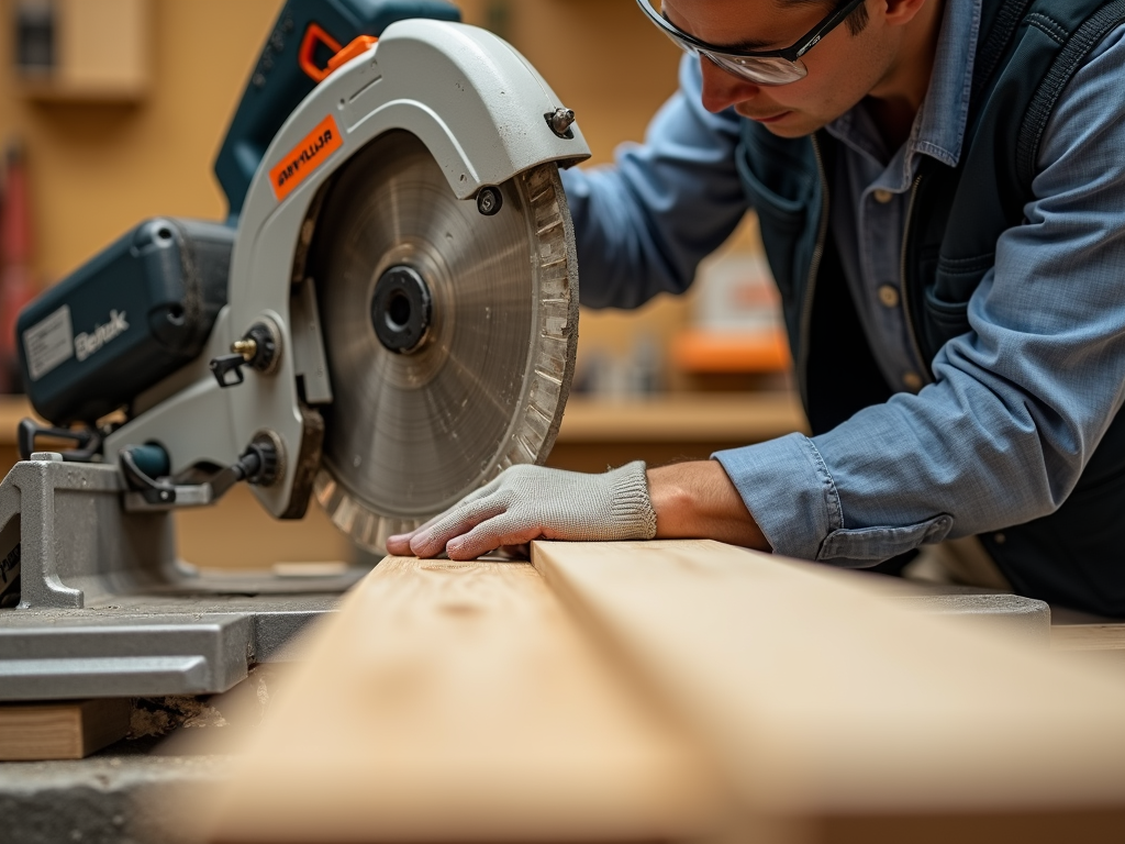 Person cutting wood with a power saw