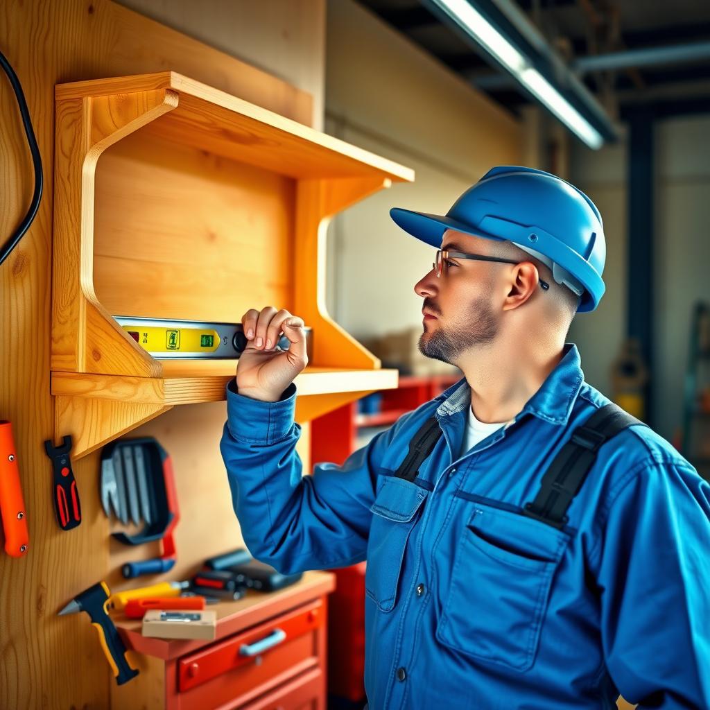A workman using a spirit level to align a wooden shelf in a well-lit workshop with a toolbox and workbench.