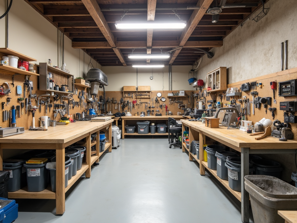 An organized workbench with neatly arranged tools and a clear workspace.