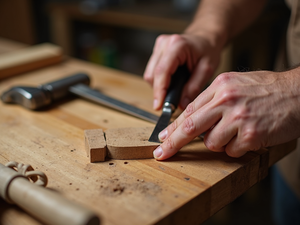 A hand chiseling a wooden joint with woodworking tools nearby.